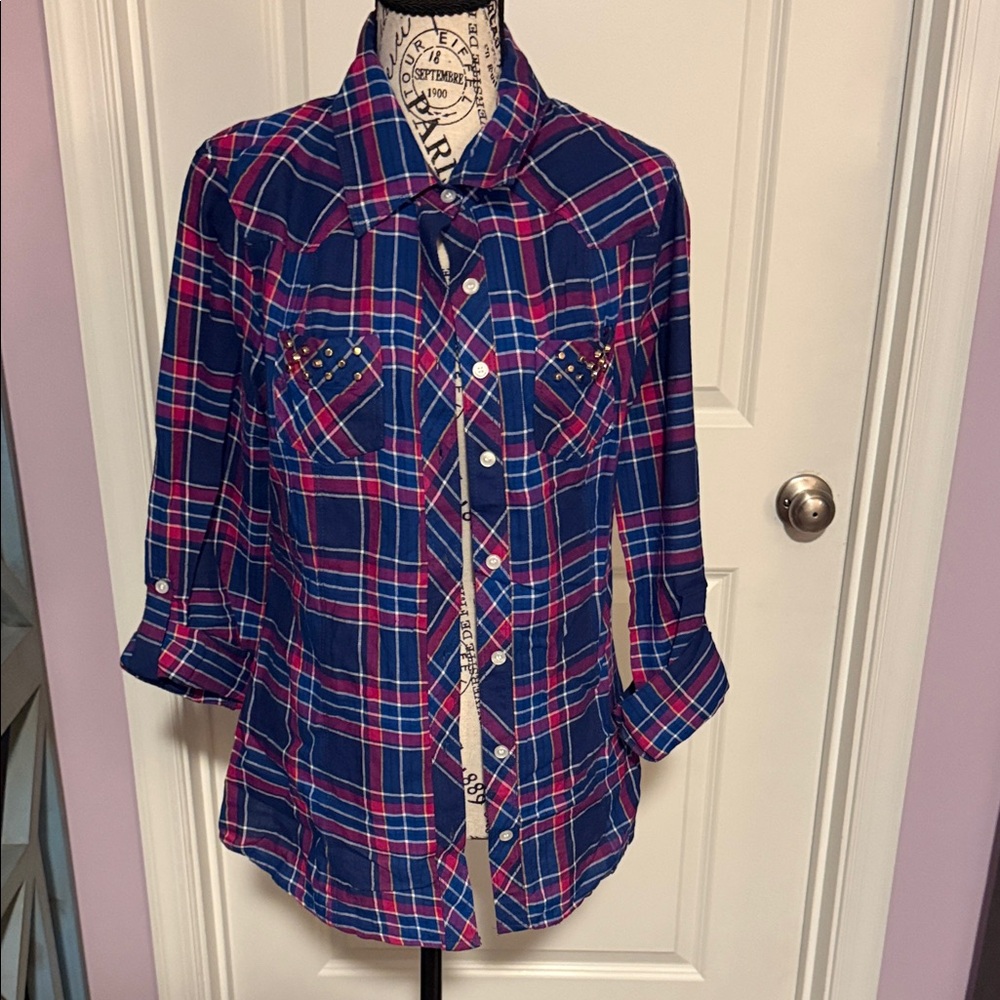 Guess Women's Plaid Button Down Shirt in Blue and Pink